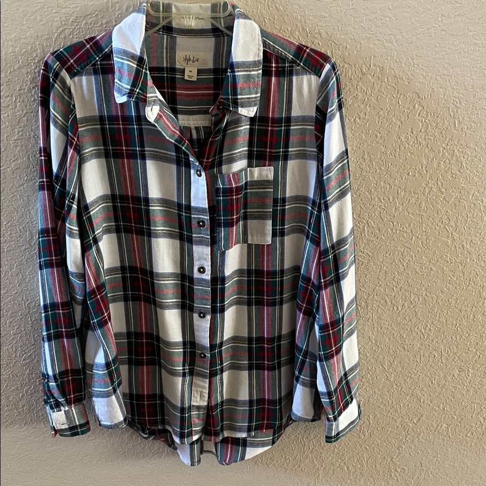 Style & Co. White, Black, Green & Red Plaid Button-Down Shirt